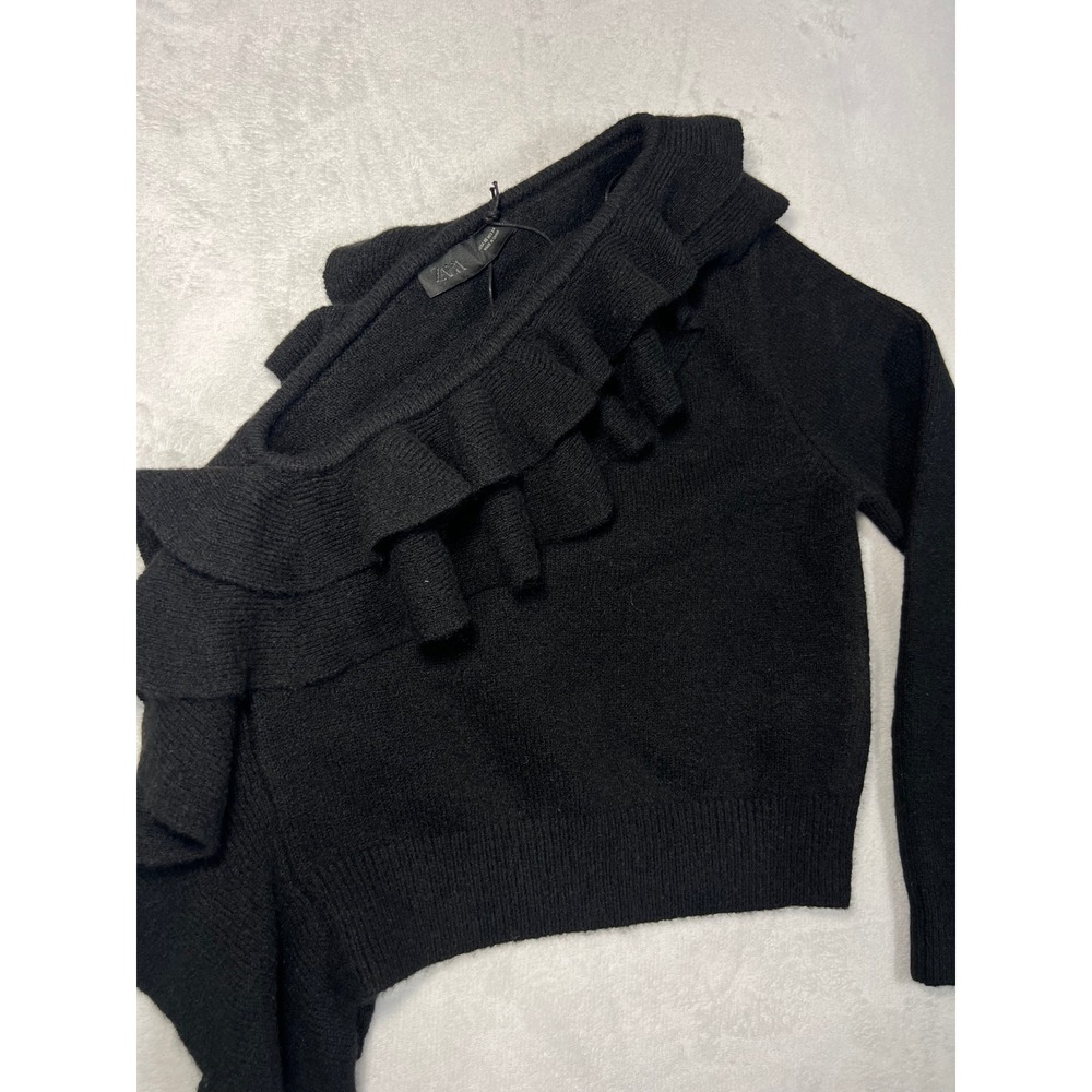 Zara One Shoulder Ruffle Sweater XS Black Asymmetrical Knit Top Autumn Chic NWT